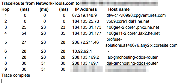 Traceroute from a Florida user to the server in question